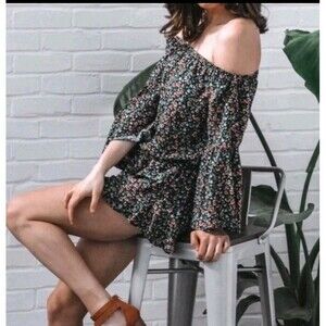 Sage Floral Off The Shoulder Romper Small Boho Bell Sleeve Summer Vacation Party